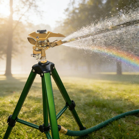 Impact Sprinkler On Tripod For Yard And Garden Heavy Duty 360 Degree Rotating Sprinkler With Zinc Head and Three Quarter Inch Connector Outdoor Lawn Irrigation Tool For Even Watering And Easy Setup spraying water in garden