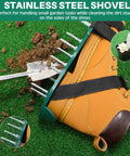 2 Pairs Lawn Aerator Shoes With Adaptable Straps Heavy Duty Spiked Sandals shown with stainless steel shovel cleaning