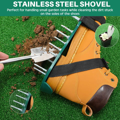 2 Pairs Lawn Aerator Shoes With Adaptable Straps Heavy Duty Spiked Sandals shown with stainless steel shovel cleaning