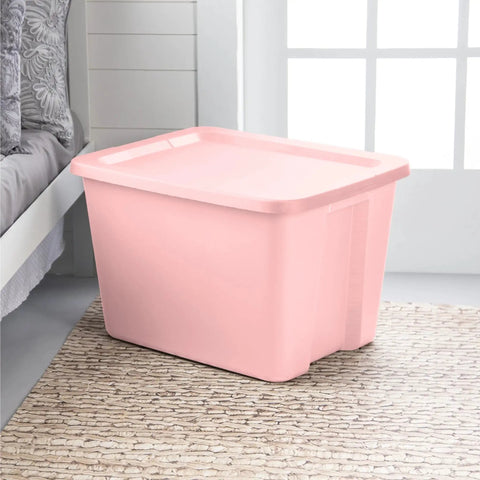 Pink 18 Gallon Storage Bin With Secure Snap On Lid Heavy Duty Stackable Plastic Tote Clutch For Moving Essentials And Home Organization.