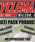 CycleMax logo with text about multi-pack products and slogans, overlaid on a scenic mountain road with a motorcyclist.