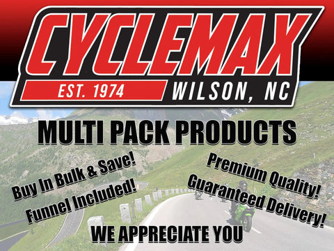 CycleMax logo with text about multi-pack products and slogans, overlaid on a scenic mountain road with a motorcyclist.
