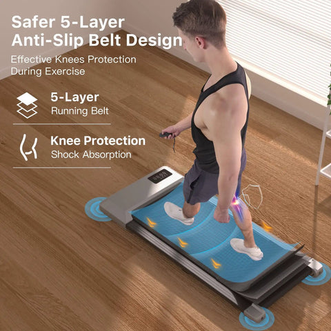Portable Under Desk Walking Pad Treadmill With Remote And 300 Lb Capacity Hassle Free Setup Compact Home Office Fitness Gear To Clock Up Steps While You Type In Gray, showing anti-slip belt design.