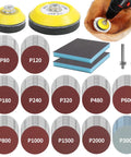 Ultra Handy 120Pc 3 Inch Sanding Discs Kit with foam pads, grit discs, shanks, and backing pads shown with drill usage.