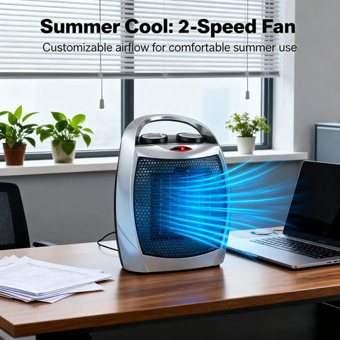 Portable Electric Space Heater With Dual 1500W And 750W Heating, Ceramic Desk Heater And Fan on office desk