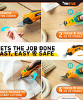 Upgrade To The Latest Antive Electric Scissors For Fabric And Cordless Cardboard Cutter With 2 Heads, Featuring A Safety Lock Button And Tungsten Steel Blades For Smooth, Effortless Cutting. Perfect For Diy Projects. Steps for using electric scissors shown on a wooden table.