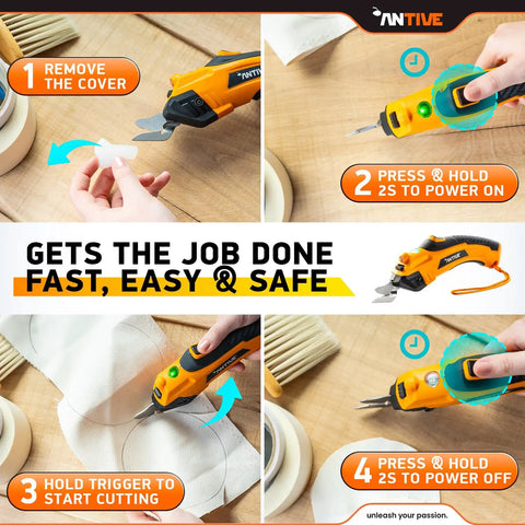 Upgrade To The Latest Antive Electric Scissors For Fabric And Cordless Cardboard Cutter With 2 Heads, Featuring A Safety Lock Button And Tungsten Steel Blades For Smooth, Effortless Cutting. Perfect For Diy Projects. Steps for using electric scissors shown on a wooden table.