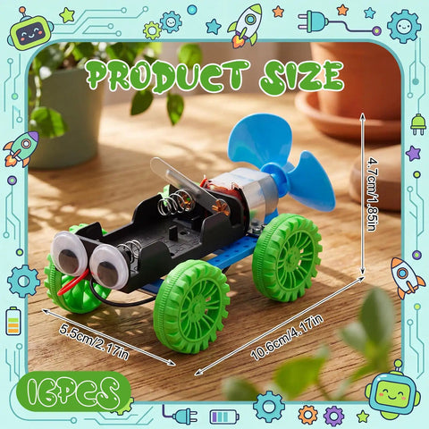 16 Pack Wind Powered Stem Craft Kits For Kids That Make Science Fun With Hands On DIY Vehicle Building Toys Bulk Robotics And Electronic Projects For Group Activities Educational Stem Learning Bundle wind-powered car with green wheels