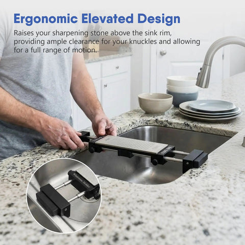 Person adjusting Adjustable Sink Bridge Whetstone Holder For Kitchen Sink Heavy Duty 304 Stainless Steel over a kitchen sink
