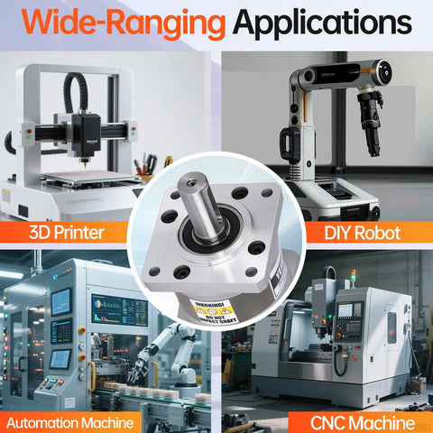 Five To One Planetary Gearbox For Nema 23 Stepper Motor with applications in CNC machine, 3D printer, DIY robot, and automation.