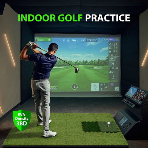 Tri Turf Golf Hitting Mat With Thick EVA Foam Base for indoor practice, man swings golf club in simulator room