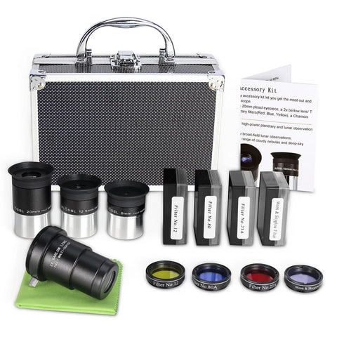 Ultimate Telescope Accessory Kit With 1.25 Inch Plossl Eyepieces (3 Pack), 4 Filters, And 2x Barlow Lens displayed with case