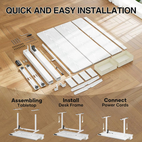 Solid Build Electric Standing Desk With 55x26 Inch Adjustable Height And Clean White Finish Offering Smooth Glide Operation For Ergonomic Monitor Riser Plus Built Drawers Keeping Your Pro Home Office Setup Zero Clutter And Ready To Crush The Daily Grind components layout for easy installation on hardwood floor.