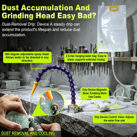 54 Piece Diamond Burrs Rotary Tool Kit With Magnetic Water Drip Cooling System and Adjustable Swivel Nozzle for dust-free cutting.