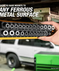 Person attaching Magnetic Metric Socket Organizer Set for Toolboxes and Rolling Carts to metal surface in garage