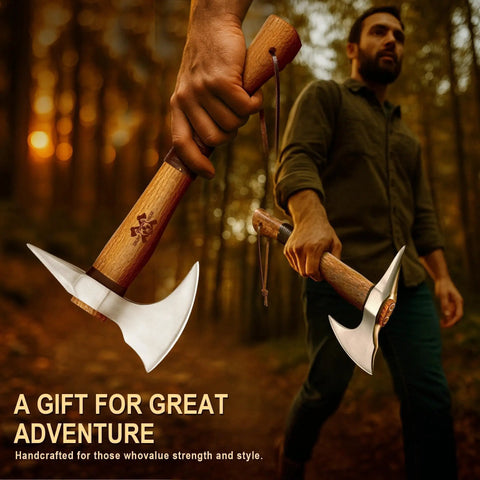 15 Inch Survival Axe For Camping And Bushcraft With Forged High Carbon Steel Blade And Walnut Wood Handle in forest setting