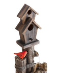 3 Tier Outdoor Birdhouse Water Fountain With Cardinal Accent, Rustic Brown Garden And Patio Decor, wooden birdhouses, red cardinal