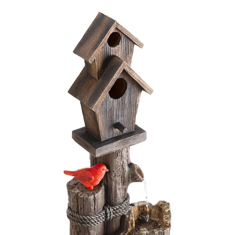 3 Tier Outdoor Birdhouse Water Fountain With Cardinal Accent, Rustic Brown Garden And Patio Decor, wooden birdhouses, red cardinal