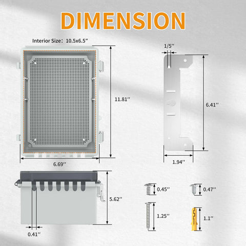 Outdoor Waterproof Electrical Junction Box IP67 Weatherproof Enclosure For Outdoor Wiring Dustproof And Ventilated For Heat Dissipation 11.8 By 6.7 By 5.6 Inches Tough As Nails All Weather Stainless Steel Shell dimensions with vented cover and mounting hardware