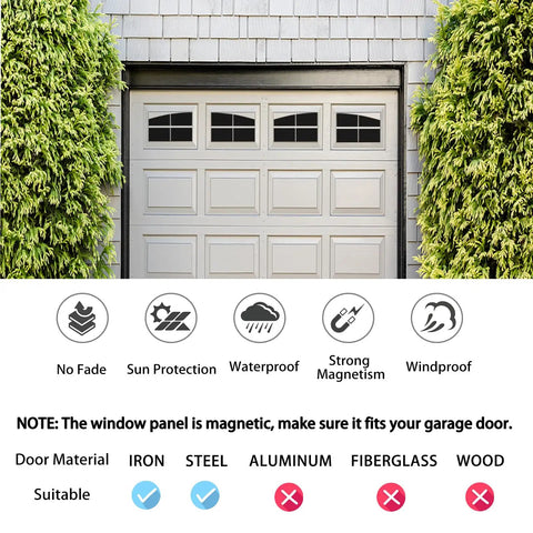 Magnetic Faux Arched Window Panes For Steel Garage Doors, Eight Panel Two Car Garage Decor Kit on a white garage door