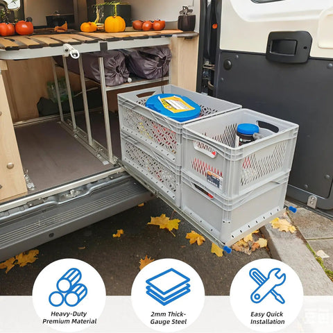Boss Grade Locking Heavy Duty Drawer Slides Built Tough For Zero Hassle Setup Supporting Two Hundred Fifty Pound Load With Full Extension Glide that moves smoothly with storage crates.