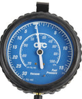 Front view of OTC 5613 vacuum/pressure gauge kit, blue dial with black bezel and dual vacuum and fuel pressure scales