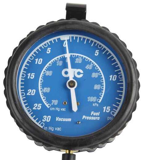 Front view of OTC 5613 vacuum/pressure gauge kit, blue dial with black bezel and dual vacuum and fuel pressure scales