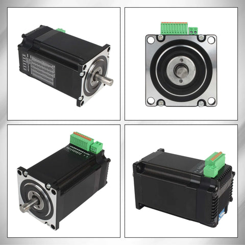 Multiple views of Beefy Integrated Nema 23 Closed-Loop Stepper Motor with 2.2N.m torque, 1000-line encoder, 8mm shaft for CNC automation.