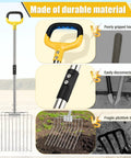 50 Inch Stainless Steel Garden Pitchfork With 10 Tine Head, showing durability comparisons and ergonomic handle close-up