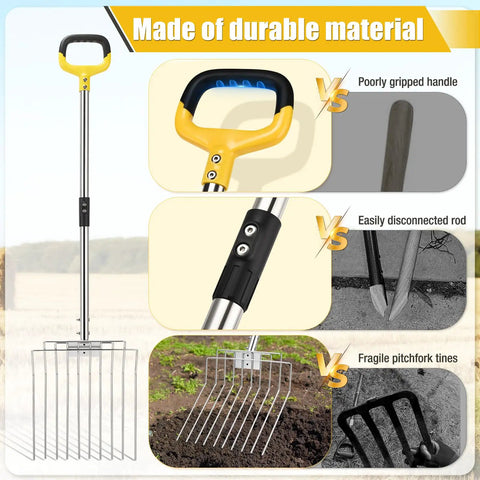 50 Inch Stainless Steel Garden Pitchfork With 10 Tine Head, showing durability comparisons and ergonomic handle close-up