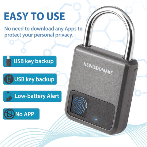 0.5 Second No Key Needed Fingerprint Padlock With USB Rechargeable Battery Biometric Lock Stores 20 Fingerprints product image