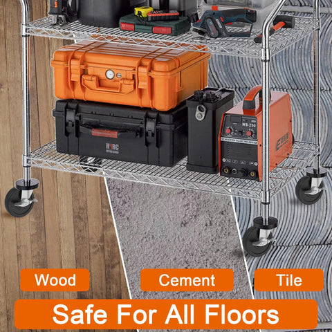 Four Inch Brake Stem Casters With Lock Nuts Swivel Rubber Wheels on shelving unit with tools, shown on wood, cement, tile floors