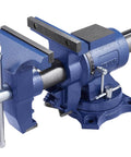 Heavy Duty Bench Vise With 6.5 Inch Jaw Width And 5 Inch Opening, blue ductile iron vise, 360-degree swivel base, side view
