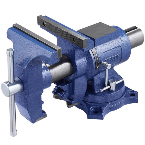 Heavy Duty Bench Vise With 6.5 Inch Jaw Width And 5 Inch Opening, blue ductile iron vise, 360-degree swivel base, side view