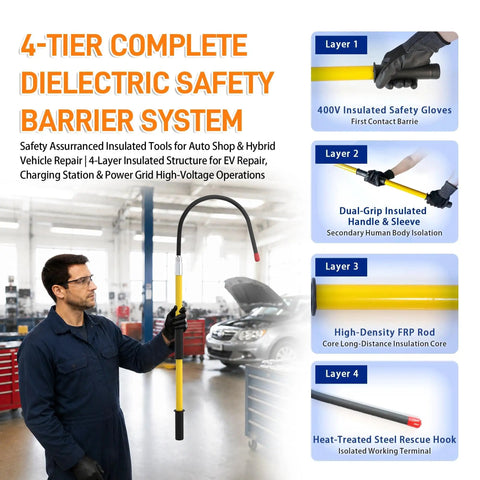 Beefy One Piece Insulated Rescue Hook Rated at 35 KV Solid Electrician Pole for EV and Hybrid Car Repair Road Ready Safety Gear Built Tough for Field Techs Everyday held by a technician in a workshop.