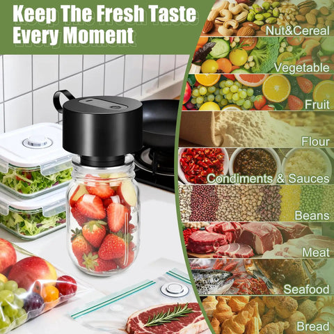 Gurithe Electric Mason Jar Vacuum Sealer With Smart Auto Stop Technology For Fresh Food Storage with fruits in glass jar.