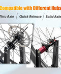Beefed Up Bike Wheel Truing Stand for Rim Truing and Maintenance, showcasing compatibility with various hub types including thru axle.