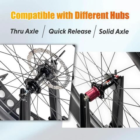 Beefed Up Bike Wheel Truing Stand for Rim Truing and Maintenance, showcasing compatibility with various hub types including thru axle.