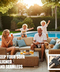 Family enjoying outdoor wicker patio set secured by Tough As Nails Heavy Duty Outdoor Furniture Clips For Wicker Patio Sets, Twist Lock Aluminum Clamps That Keep Couches From Shifting And Gaps, Anti Separation System, Fits Up To 2.5 Inch Square Or Round Tubes, 4 Pack