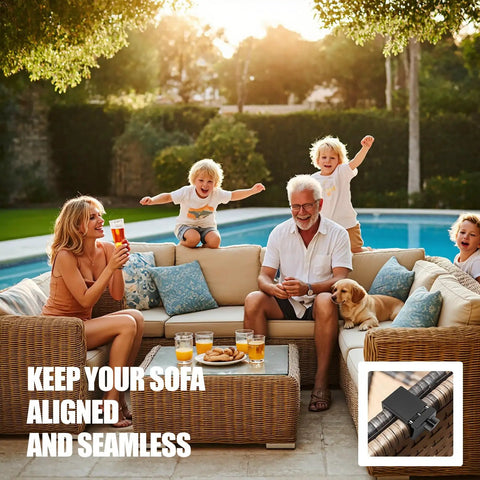 Family enjoying outdoor wicker patio set secured by Tough As Nails Heavy Duty Outdoor Furniture Clips For Wicker Patio Sets, Twist Lock Aluminum Clamps That Keep Couches From Shifting And Gaps, Anti Separation System, Fits Up To 2.5 Inch Square Or Round Tubes, 4 Pack