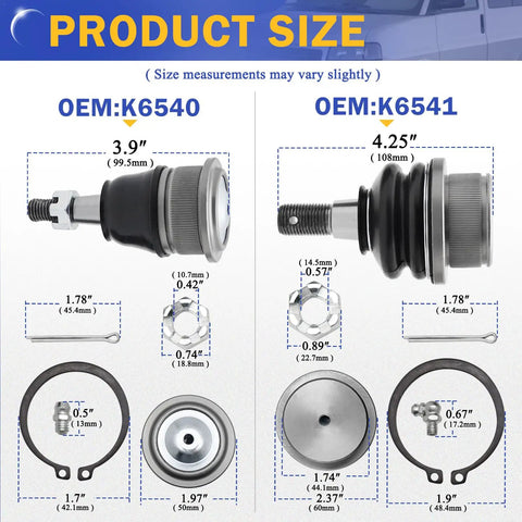 Zinc Nickel Alloy Front Upper And Lower Ball Joints Kit For Chevy Silverado 1500 Suburban 1500 Tahoe Avalanche Express 1500 Escalade 4WD AWD OE Replacement K6540 K6541, size chart