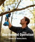 Man using Cordless Mini Chainsaw 6 Inch Electric Chainsaw With Two Batteries Portable Pruning Saw for tree trimming