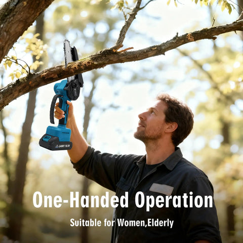 Man using Cordless Mini Chainsaw 6 Inch Electric Chainsaw With Two Batteries Portable Pruning Saw for tree trimming