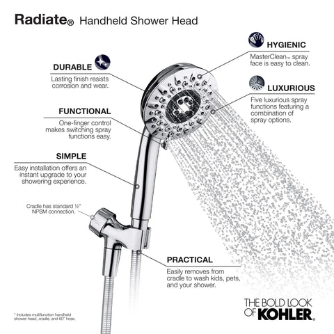 Image of an All In One Handheld And Docked Showerhead With Full Coverage Angled Nozzles For An Intense Rinse And Easy Switch Between Modes.