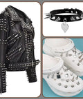 Gnarly Silver Metal Spikes and Studs for Leather and Clothing and Dope Screw Back Rivets for Punk Hats and Bags and Heavy Duty Denim Fashion Hardware Pack of One Hundred Pieces on a spiked leather jacket, bracelet, and clogs.