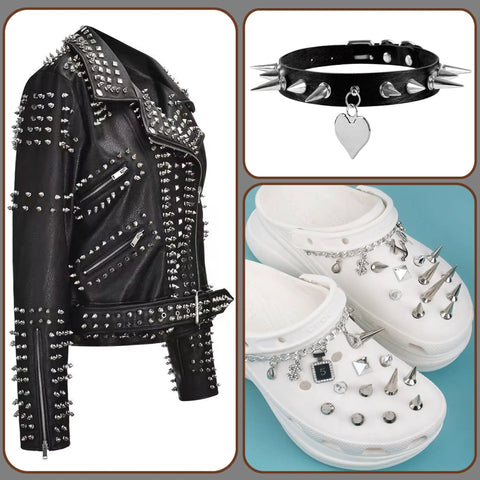 Gnarly Silver Metal Spikes and Studs for Leather and Clothing and Dope Screw Back Rivets for Punk Hats and Bags and Heavy Duty Denim Fashion Hardware Pack of One Hundred Pieces on a spiked leather jacket, bracelet, and clogs.