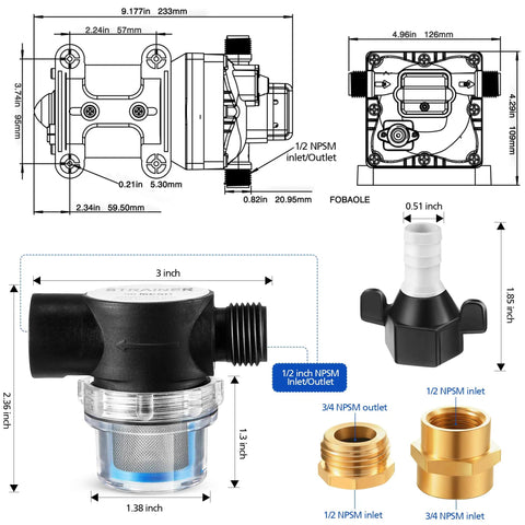 Water Pressure Booster Pump Kit 110V Self Priming Industrial Pump With 5.5 GPM At 70 PSI Includes Plug Brass Fittings Diagram