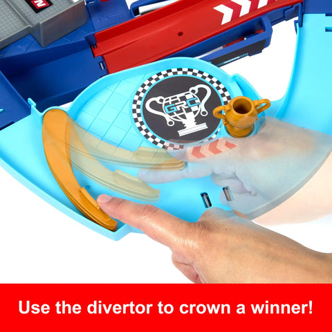 Close-up of the GRC Jumping Raceway Track Set With Kid Powered Booster showing a hand using the diverter feature.