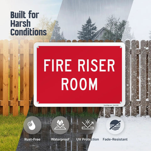 Fire Riser Room Aluminum Sign 7x10 Durable 40 Mil No Rust Heavy Duty Indoor Outdoor With Four Corner Mount Holes Easy Install And Built To Last Reliability shown in various weather conditions.