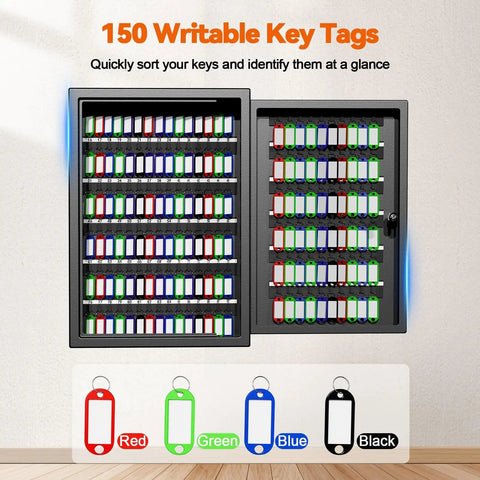 Heavy Duty 150 Key Wall Mounted Lock Box With Key Drop Slot And Colorful Key Tags, Rugged Anti Theft Safe For Secure Key Storage In Home Garage Office Hotel School And Commercial Use, open showing colorful key tags